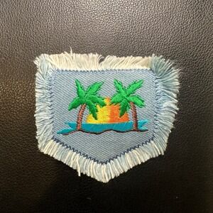 Tropical Palm Tree Sunset Embroidered Patch Applique Fringed Denim‎ Fabric